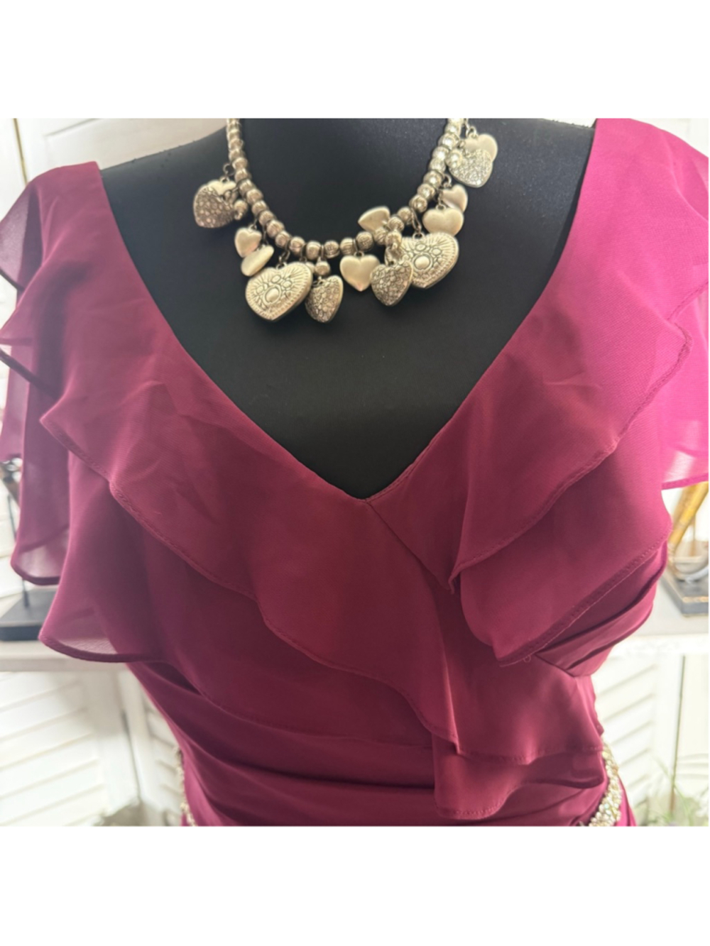 Vintage chiffon top ruffled V-neck beaded cocktail wedding guest Coquette - Picture 12 of 12